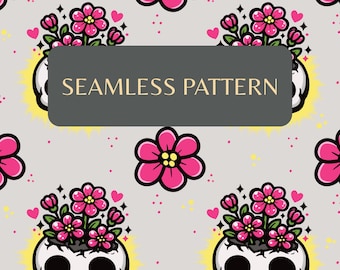 Pastell Goth Schädel Pflanzer Nahtloses Muster, Kawaii Gruseliges Blumen Digital Papier (PNG)