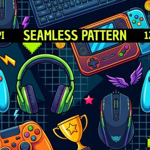 May include: A seamless pattern featuring gaming equipment including a keyboard, computer mice, game controllers, and headphones on a dark grid background. The design includes a gold trophy, coins, stars, and lightning bolts with text 300DPI 12"x12".