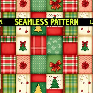May include: A seamless digital pattern featuring a grid of festive squares with red bows, green Christmas trees, snowflakes, plaid textures, and polka dots. The image includes the text 300DPI SEAMLESS PATTERN 12"x12" across the center.