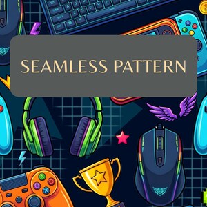 Puede incluir: Un patrón continuo con equipo de juego que incluye mandos azules, naranjas y negros, un teclado, un ratón, auriculares verdes y un trofeo dorado sobre un fondo de cuadrícula azul oscuro con estrellas y el texto SEAMLESS PATTERN.