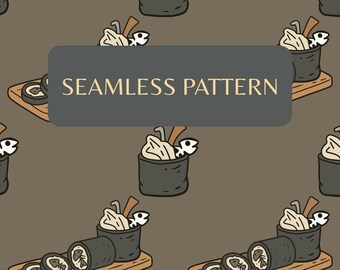 Lustiges Trash Sushi Seamless Pattern PNG, Gruselige Fischgräte Digitales Papier (Seamless File)