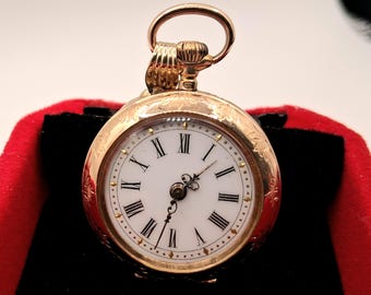 Swiss 14K Yellow Gold  Pendant Watch Half Hunter Pocket Watch Ladies 1920s