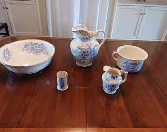 Antique Victorian Wash Set w Basin, 2 Pitchers, Chamber Pot and Mug Ironstone Transferware 1800s Thornbury