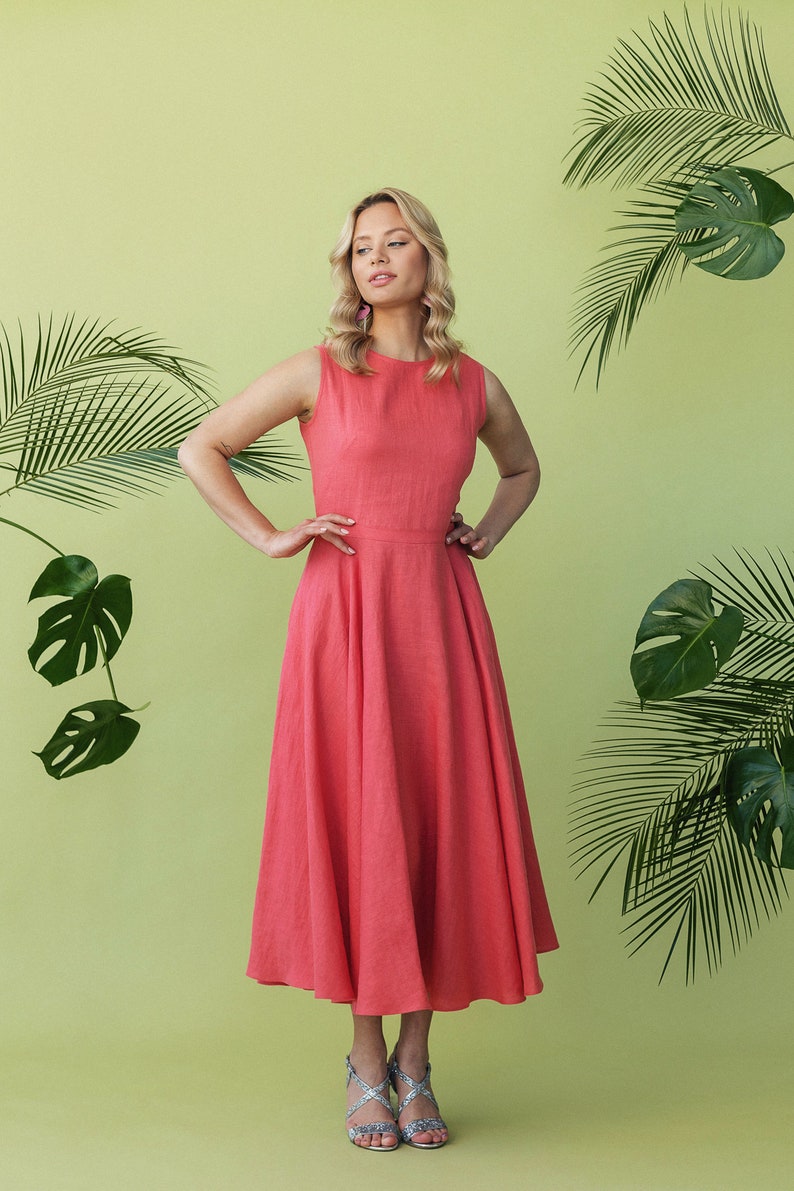 SALE / Pink dress SEA / Flattering midi dress / Elegant linen dress / Sleeveless midi dress for summer / Cocktail dress / Resort dress image 3