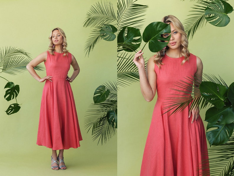 SALE / Pink dress SEA / Flattering midi dress / Elegant linen dress / Sleeveless midi dress for summer / Cocktail dress / Resort dress image 2