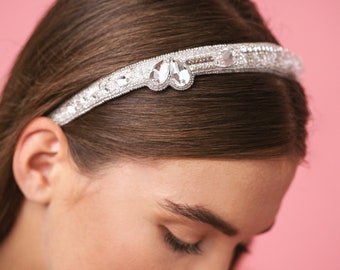 SALE / Beaded bridal headband / Textured bead embroidery headband for bride / Crystal bridal accessory / Asymmetrical hair accessory