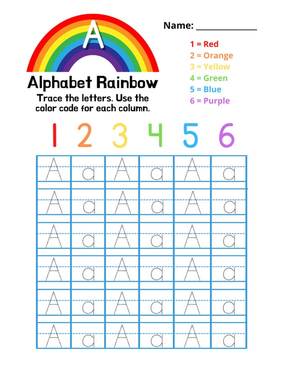 printable alphabet rainbow tracing worksheet elementary etsy