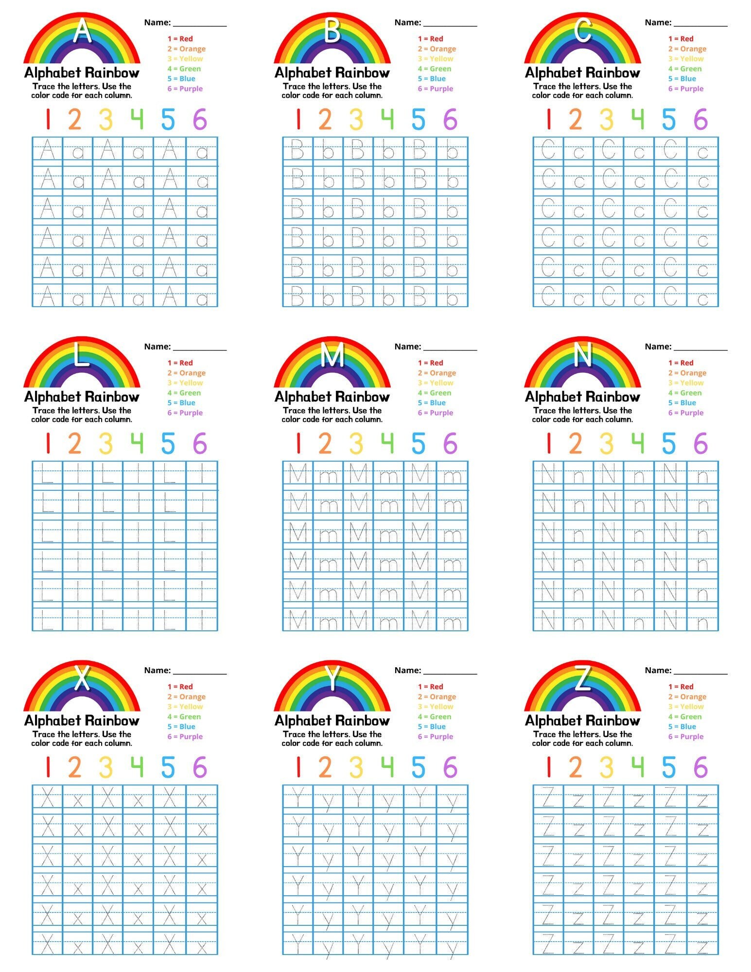 printable alphabet rainbow tracing worksheet elementary etsy