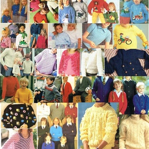 May include: A collection of knitted jumpers for children, featuring a variety of colours, patterns, and designs. Some jumpers have playful motifs such as cars, animals, and geometric shapes.