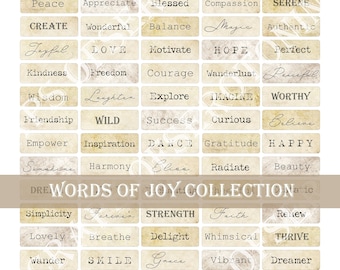 Collage Word Sheet, Positieve Woorden, Journal Words, Inspirerend, Junk Journal, Zinnen, Mixed Media, Scrapbooking, Afdrukbaar, Stickers