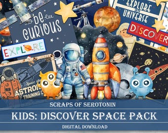 Junk Journal Ephemera, Kids: Discover Space Pack, Digital Download, Outer Space Junk Journal Kit, Astronaut Scrapbook Printables, Stars