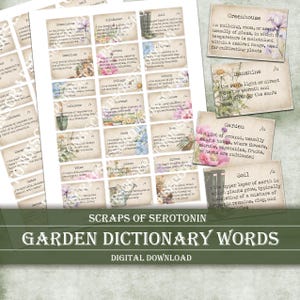 Hoja de collage digital: palabras del diccionario de jardinería, etiquetas de primavera, efímeras de álbumes de recortes botánicos, diario floral, frases inspiradoras
