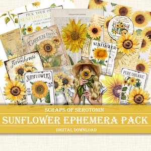 Junk Journal Ephemera, Girasole, Download digitale dell'album, Journaling stampabile, Abbellimenti floreali, Decoupage floreale, Tema botanico