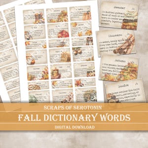 Può includere: Una collezione di flashcard in stile vintage con parole e definizioni a tema autunnale. Le carte presentano illustrazioni di elementi autunnali come zucche, foglie e bastoncini di cannella. Il testo "FALL DICTIONARY WORDS" è visualizzato.