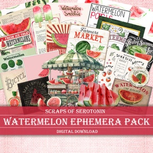 Junk Journal Ephemera, Watermelon, Scrapbook Digital Download, Journaling Printable, Fruit Embellishments, Botanical Decoupage, Summer