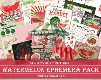 Junk Journal Ephemera, Watermelon, Scrapbook Digital Download, Journaling Printable, Fruit Embellishments, Botanical Decoupage, Summer