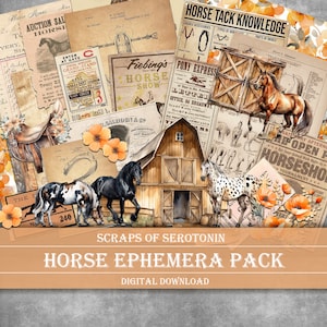 Junk Journal Ephemera, Horses, Scrapbook Digital Download, Journaling Printable, Equine Embellishments, Farm Decoupage, Floral, Western