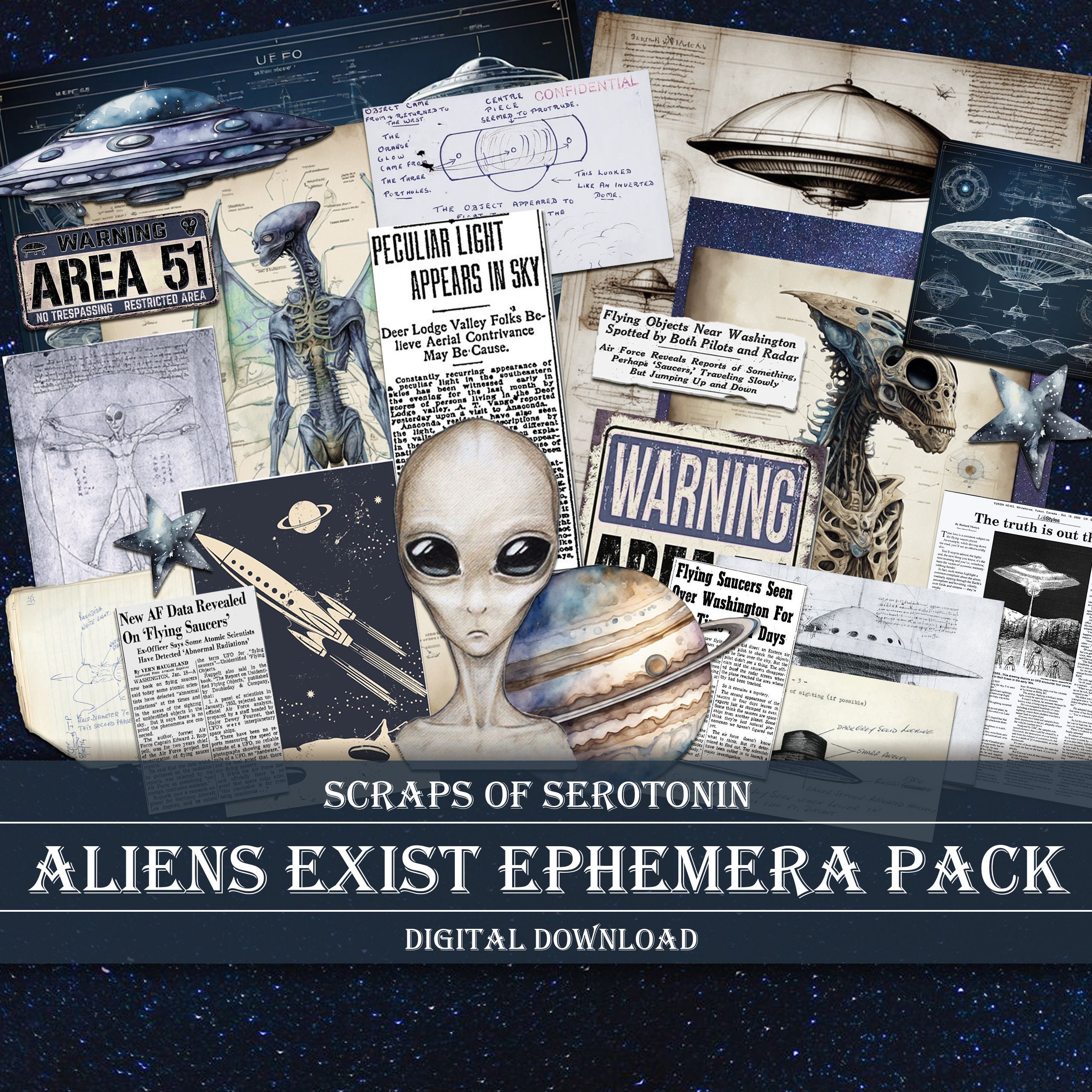 Junk Journal Ephemera, Aliens, Scrapbook Digital Download, Journaling Printable, Space Embellishments, Extraterrestrial Decoupage, UFO