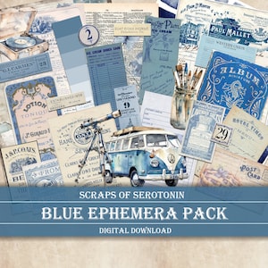 Junk Journal Ephemera, Blue Aesthetic, Scrapbook Digitale Download, Journaling Printable, Blauwe Versieringen, Blauwe Decoupage, Vintage