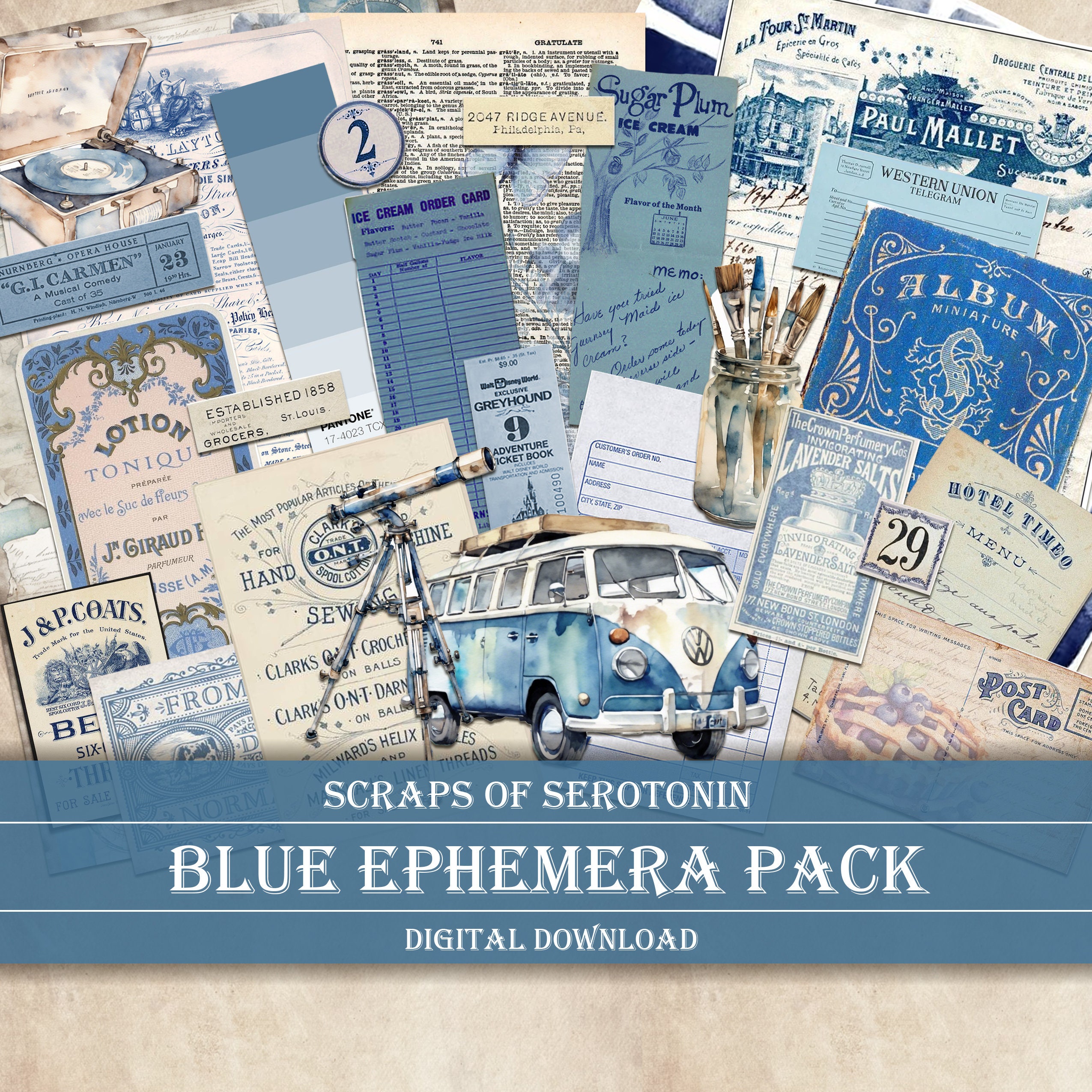 Junk Journal Ephemera, Blue Aesthetic, Scrapbook Digital