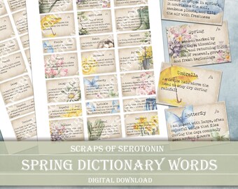 Digital Collage Sheet - Spring Dictionary Words, Junk Journal Ephemera, Scrapbook Digital Download, Journaling Print, Seasonal Embellishment