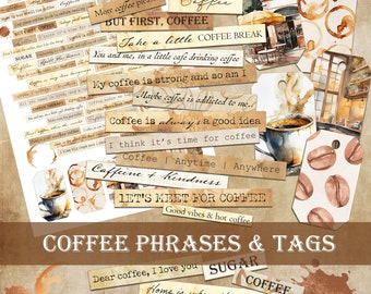 Digital Collage Sheet - Coffee Words and Phrases, Inspirational, Journal, Quotes, Bullet Journal, Labels, Stickers, Download Printable