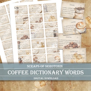 Hoja de collage digital: palabras del diccionario de café, efímeras para diarios basura, descarga digital para álbumes de recortes, impresiones para diarios, adornos de café