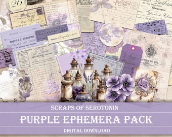 Junk Journal Ephemera, Purple Aesthetic, Scrapbook Digital Download, Journaling Printable, Purple Embellishments, Purple Decoupage, Vintage