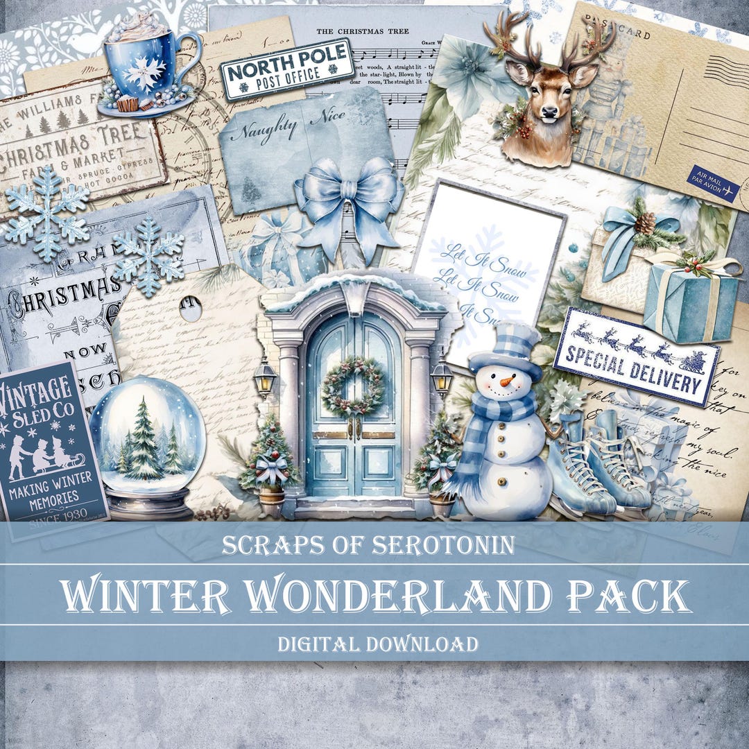 Junk Journal Ephemera, Christmas Blue, Winter Wonderland, Scrapbook ...