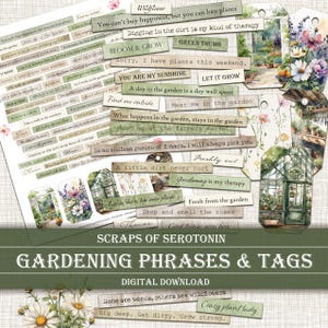 Foglio di collage digitale - Parole e frasi di giardinaggio, ispirazione, diario, citazioni, bullet journal, etichette, adesivi, scarica stampabile