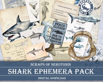 Junk Journal Ephemera, Shark, Collage, Scrapbooking Digital Download, Printable, Embellishments, Sharks Decoupage, Journaling, Ocean, Sea