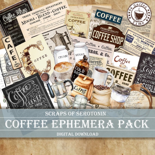 Junk Journal Ephemera, Coffee Shop, Scrapbook Digital Download, Journaling Printable, Coffee Embellishments, Coffee Decoupage, Vintage