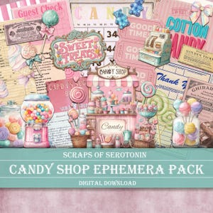 Candy Shop Junk Journal Kit, snoepjes kortstondig pakket, retro snoep afdrukbaar, plakboekpagina's dessert, digitale download, pastel clipart