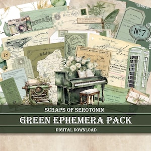 Junk Journal Ephemera, esthétique verte, téléchargement numérique de scrapbooking, journalisation imprimable, embellissements verts, découpage vert, vintage