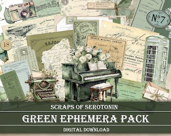Junk Journal Ephemera, grüne Ästhetik, Scrapbook digitaler Download, druckbare Journaling, grüne Verzierungen, grüne Decoupage, Vintage