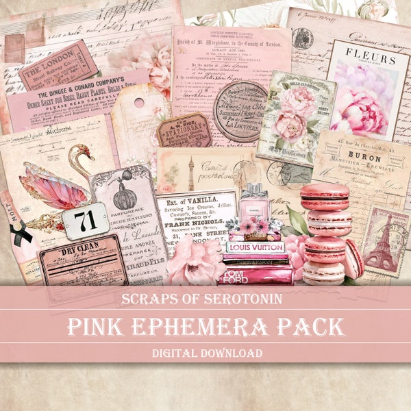 Junk Journal Ephemera, Pink Aesthetic, Scrapbook Digital Download, Journaling Printable, Pink Embellishments, Pink Decoupage, Vintage