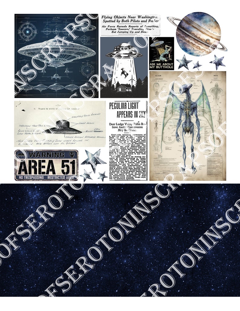 Junk Journal Ephemera, Aliens, Scrapbook Digital Download, Journaling ...