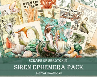 May include: A digital download pack of vintage illustrations featuring mermaids, sea creatures, and seashells. The pack is titled "Scraps of Serotonin Siren Ephemera Pack".