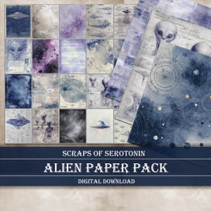 Pode incluir: Uma coleção de papéis digitais para scrapbook com tema alienígena. Os papéis apresentam ilustrações de extraterrestres, OVNIs e padrões celestes em tons de azul, roxo e cinza. O texto "SCRAPS OF SEROTONIN ALIEN PAPER PACK DIGITAL DOWNLOAD" é exibido.