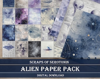 May include: A collection of digital scrapbook papers with an alien theme. The papers feature illustrations of extraterrestrials, UFOs, and celestial patterns in shades of blue, purple, and gray. The text "SCRAPS OF SEROTONIN ALIEN PAPER PACK DIGITAL DOWNLOAD" is displayed.
