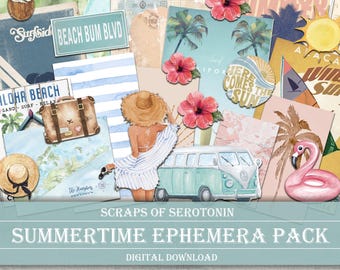 Efemere ongewenste tijdschriften, zomer, plakboek digitale download, afdrukbare journaling, seizoensgebonden versieringen, botanische decoupage, strandsticker