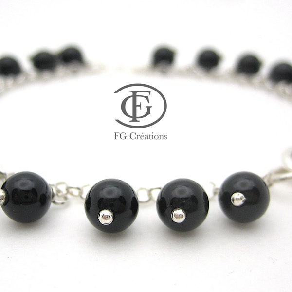 Délicat Bracelet en perles d'Onyx noir & argent 925