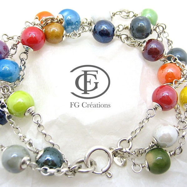 Bracelet en Argent 925 et perles multicolores en porcelaine, frais et coloré, idéal pour l'été