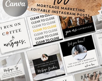 Op de afbeelding: Een collage van 10 Instagram-posttemplates voor hypotheekmarketing. De templates bevatten verschillende ontwerpen, waaronder tekst, afbeeldingen en graphics. De tekst bevat zinnen als "Ik draai op koffie en hypotheken", "Duidelijk naar afsluiting", "U bent goedgekeurd!" en "Hypotheektip".