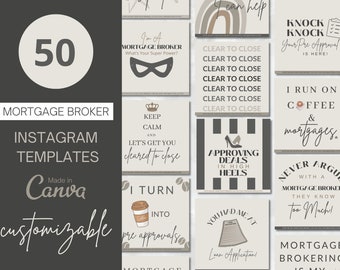 Op de afbeelding: 50 aanpasbare Instagram-sjablonen voor hypotheekadviseurs, gemaakt in Canva. De sjablonen bevatten een verscheidenheid aan ontwerpen, waaronder een superheldenmasker, een koffiebeker en een paar hoge hakken. De tekst op de sjablonen bevat zinnen als "Blijf kalm en we helpen je naar de finish", "Goedkeuring van deals in hoge hakken" en "Ik leef van koffie en hypotheken".