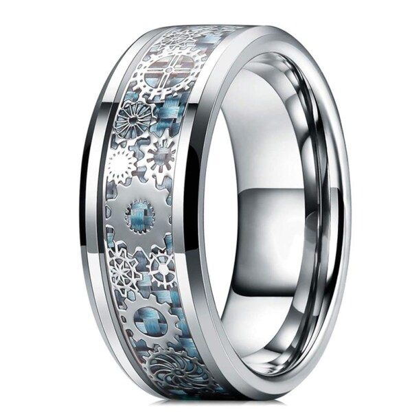 Steampunk Mechanised Gear and Sprocket polished Stainless Steel Ring - Silver band with Blue inlay.