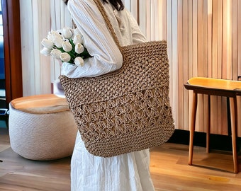 Handwoven straw large handbag, Top zipper and internal lining pockets . Boho shoulder bag, Beach bag. Beige and Khaki.