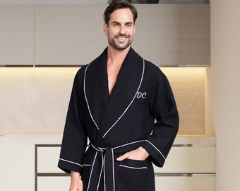Customized Men's Piped Waffle Robe - Monogram Embroidered Bathrobe - Personalized Birthday Gift for Him, Boyfriend, Husband Luxury Spa Robes