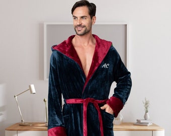 Men Personalized Plush Hooded Robe: Monogrammed Fleece Spa Bathrobe