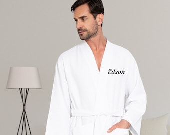 Men's Waffle Personalized Robes - Customized Birthday, Anniversary Gift for Him, Father - Logo Embroidered Cotton Bathrobes for Hotel/Spa